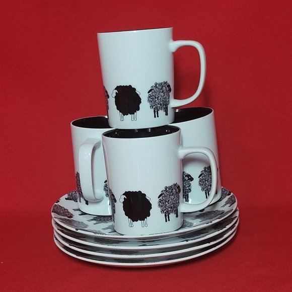 Fitz and Floyd Variations Black & White Sheep Design Cup & Saucer Set of 4 - Picture 1 of 13